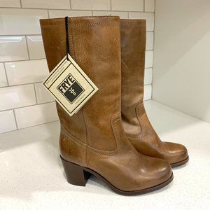 💖FRYE Brown Leather Pull On Mid Calf Boots NWT